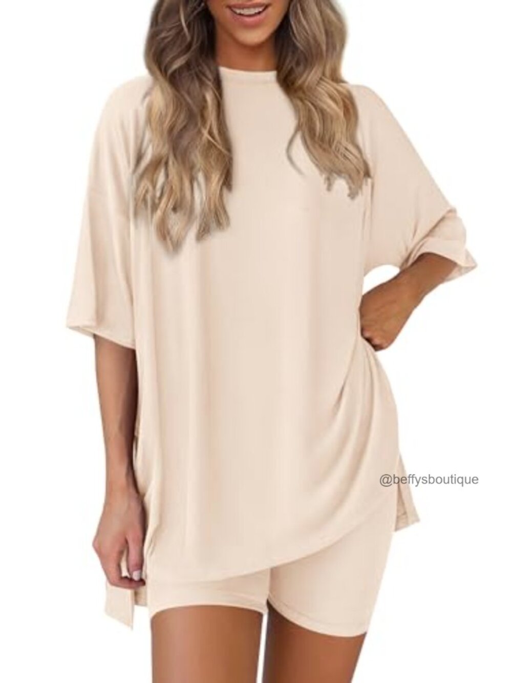 Women 2 Piece Lounge Set Biker Shorts Oversized Tee Travel Outfit
